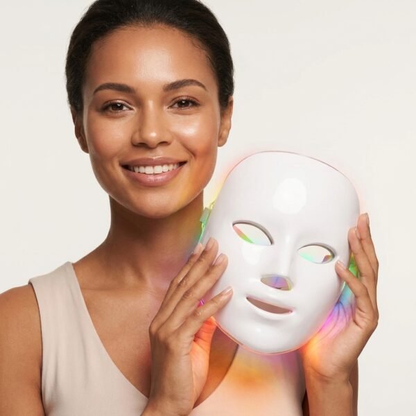 Smiling woman holding white LED facial mask