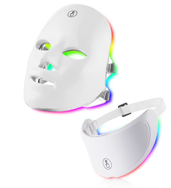 White LED facial mask with neck attachment and rainbow light