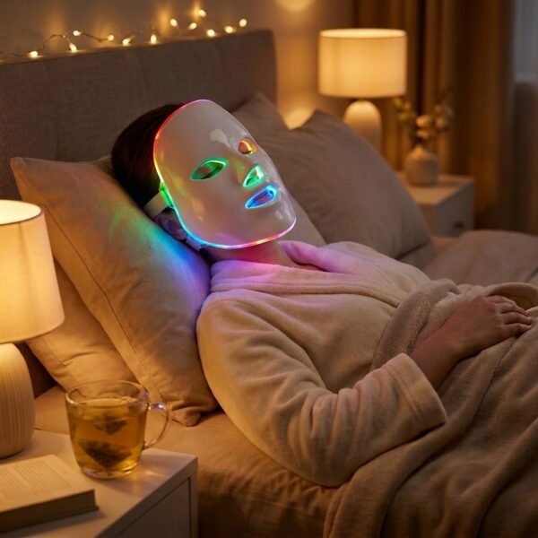Woman relaxing with LED light therapy mask during evening routine