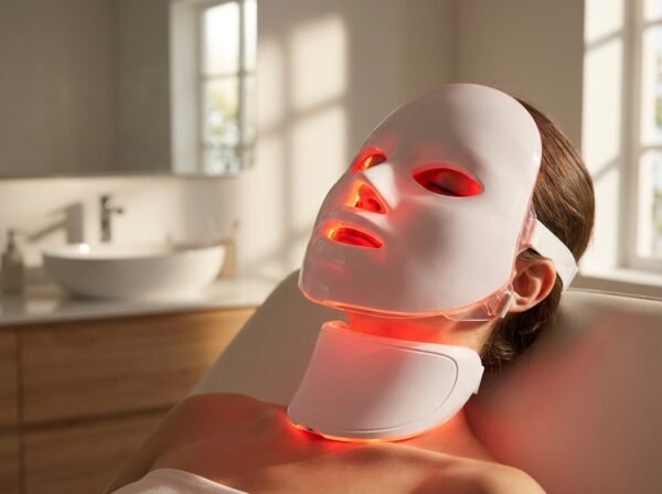 Relaxed woman using LED facial mask with red light therapy